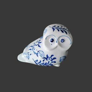 Vintage Ceramic Blue and White Owl Coin Bank with Stopper, Pottery Bird Figurine